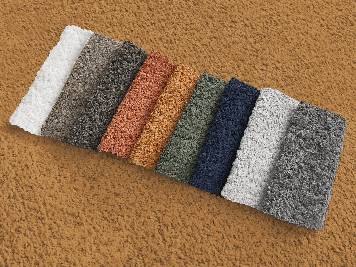 Canapé panoramique convertible coffre MONTAIGNE tissu bouclette avec pouf