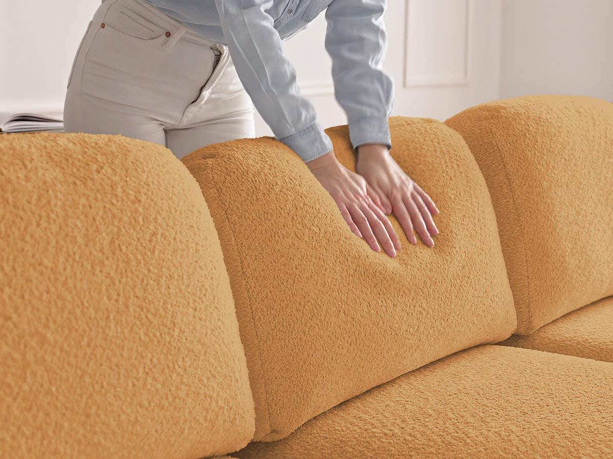 Canapé panoramique convertible coffre MONTAIGNE tissu bouclette avec pouf