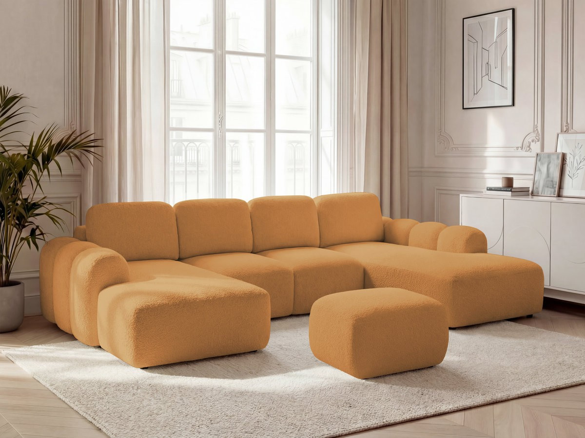 Canapé panoramique convertible coffre MONTAIGNE tissu bouclette avec pouf jaune  angle gauche BOBOCHIC 5 places