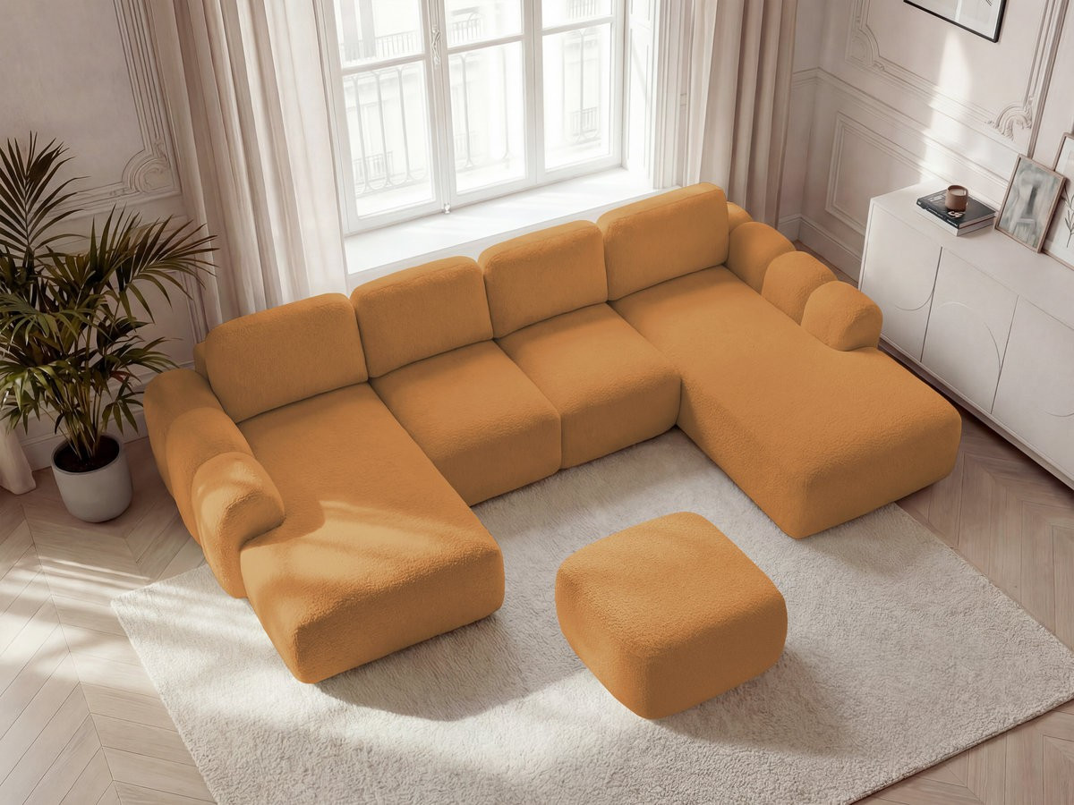 Canapé panoramique convertible coffre MONTAIGNE tissu bouclette avec pouf