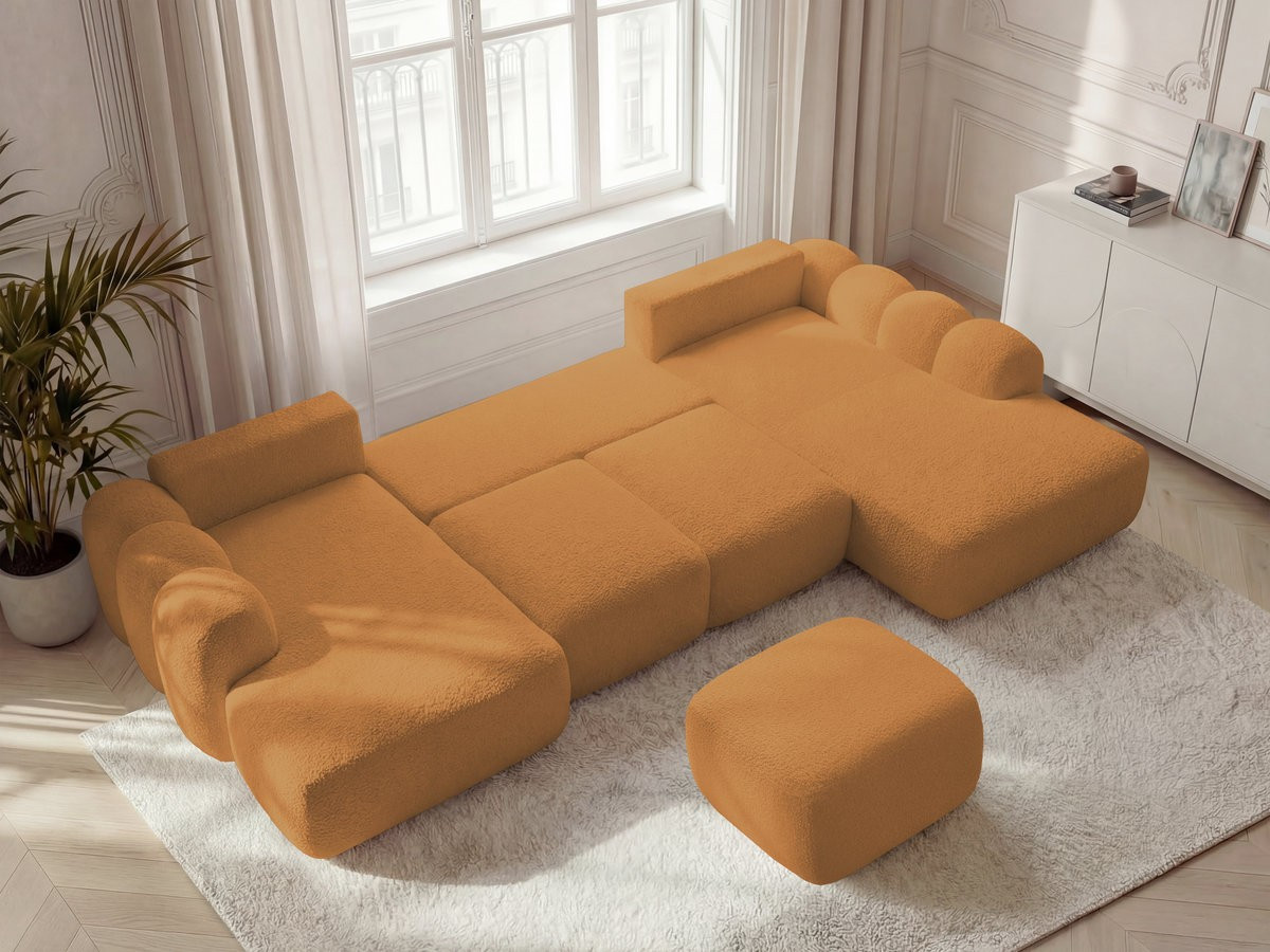 Canapé panoramique convertible coffre MONTAIGNE tissu bouclette avec pouf