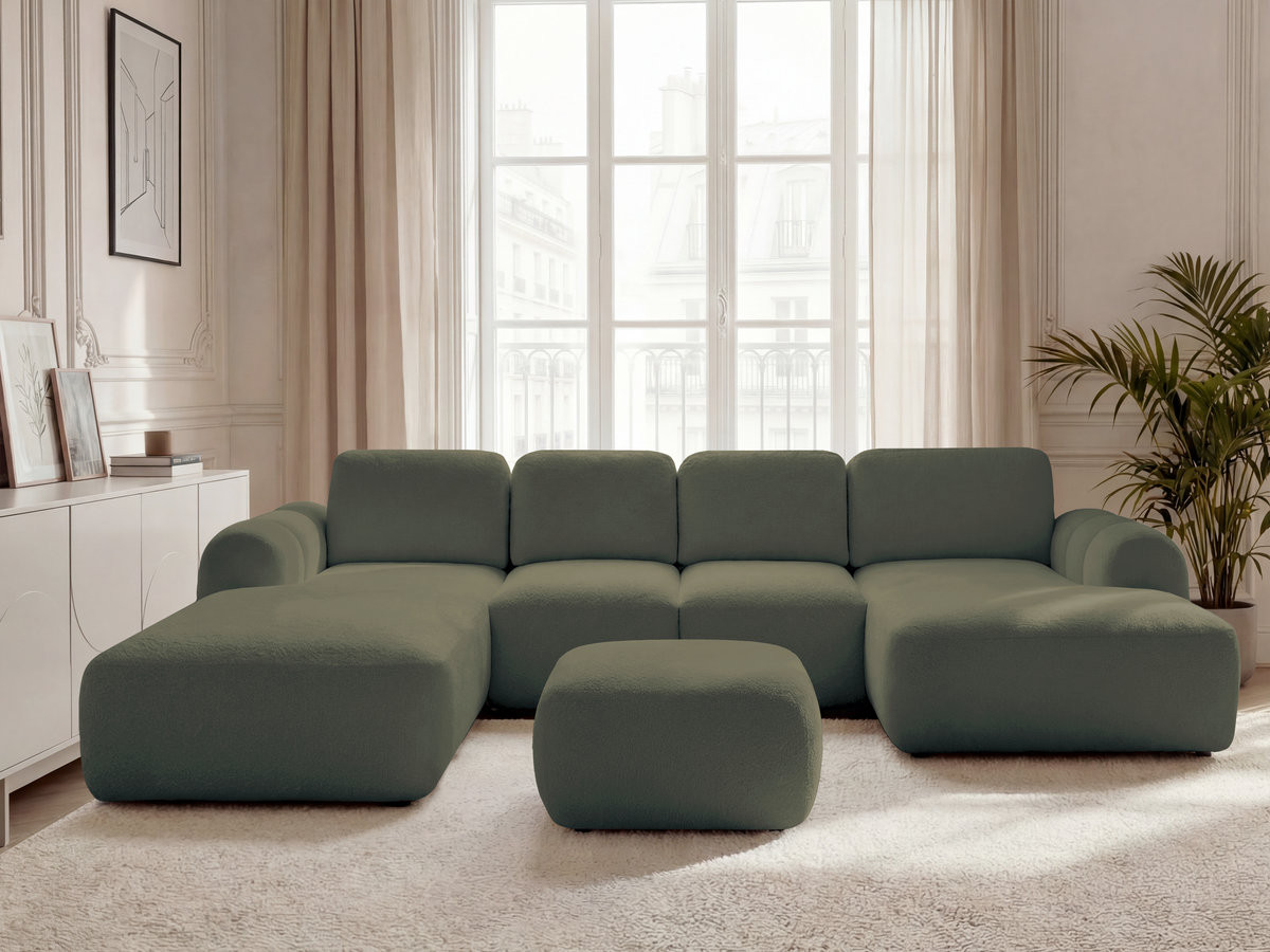 Canapé panoramique convertible coffre MONTAIGNE bouclette avec pouf vert — vue 5