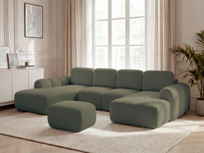 Canapé panoramique convertible coffre MONTAIGNE tissu bouclette avec pouf