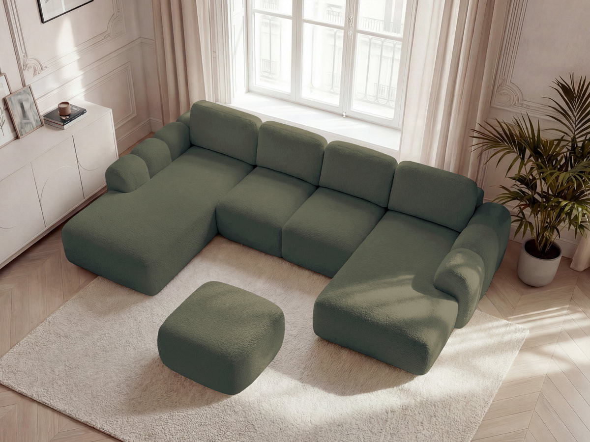 Canapé panoramique convertible coffre MONTAIGNE tissu bouclette avec pouf