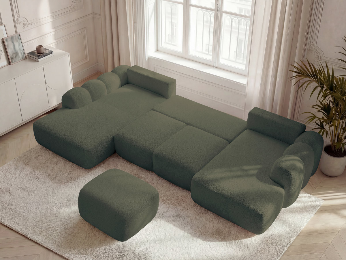 Canapé panoramique convertible coffre MONTAIGNE tissu bouclette avec pouf