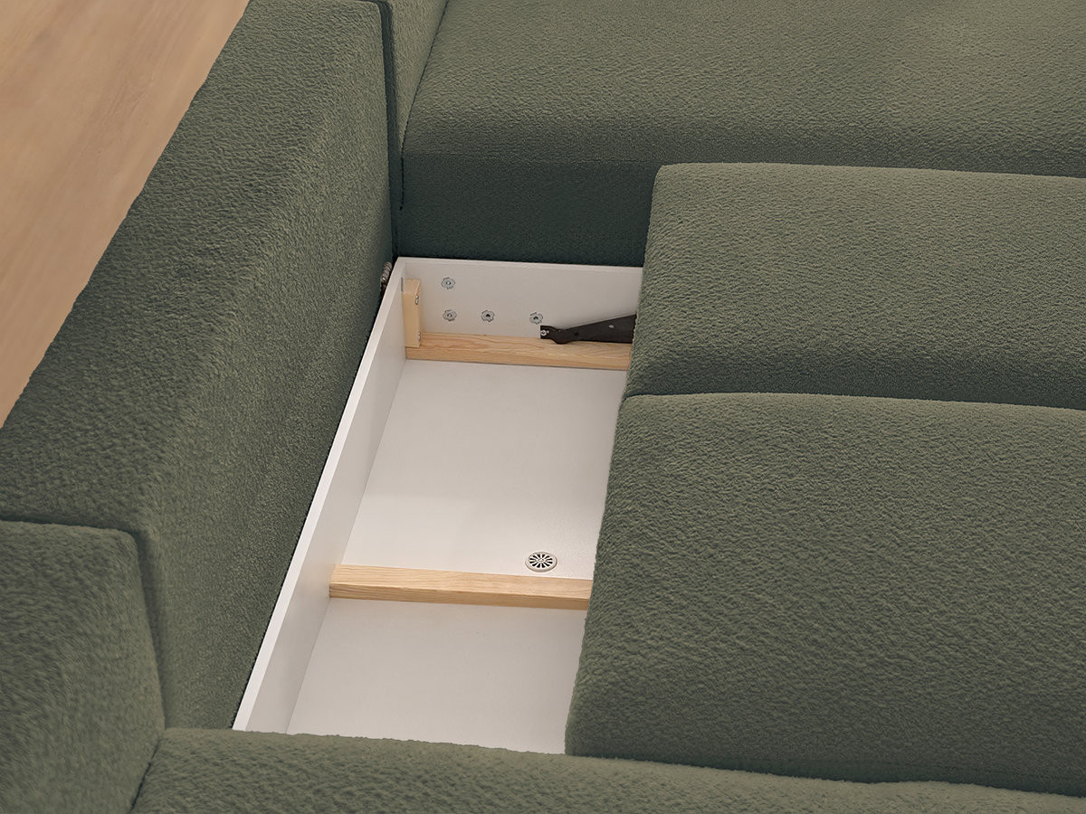 Canapé panoramique convertible coffre MONTAIGNE tissu bouclette avec pouf