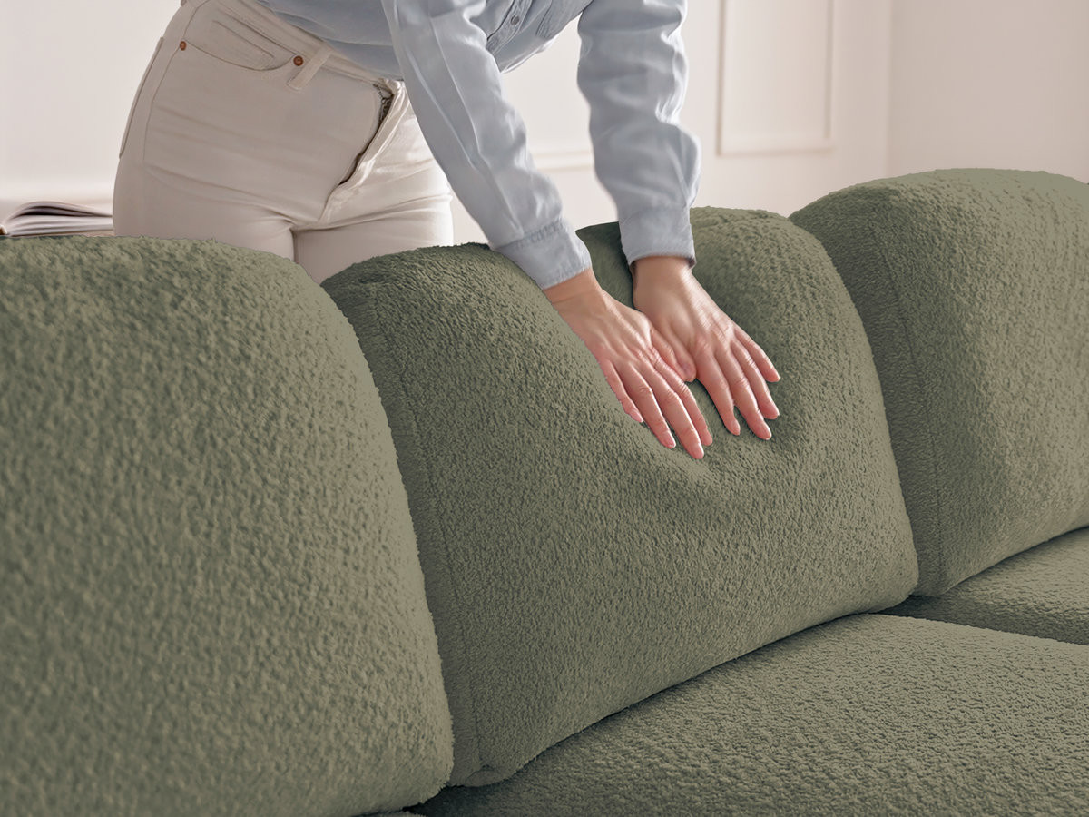 Canapé panoramique convertible coffre MONTAIGNE tissu bouclette avec pouf