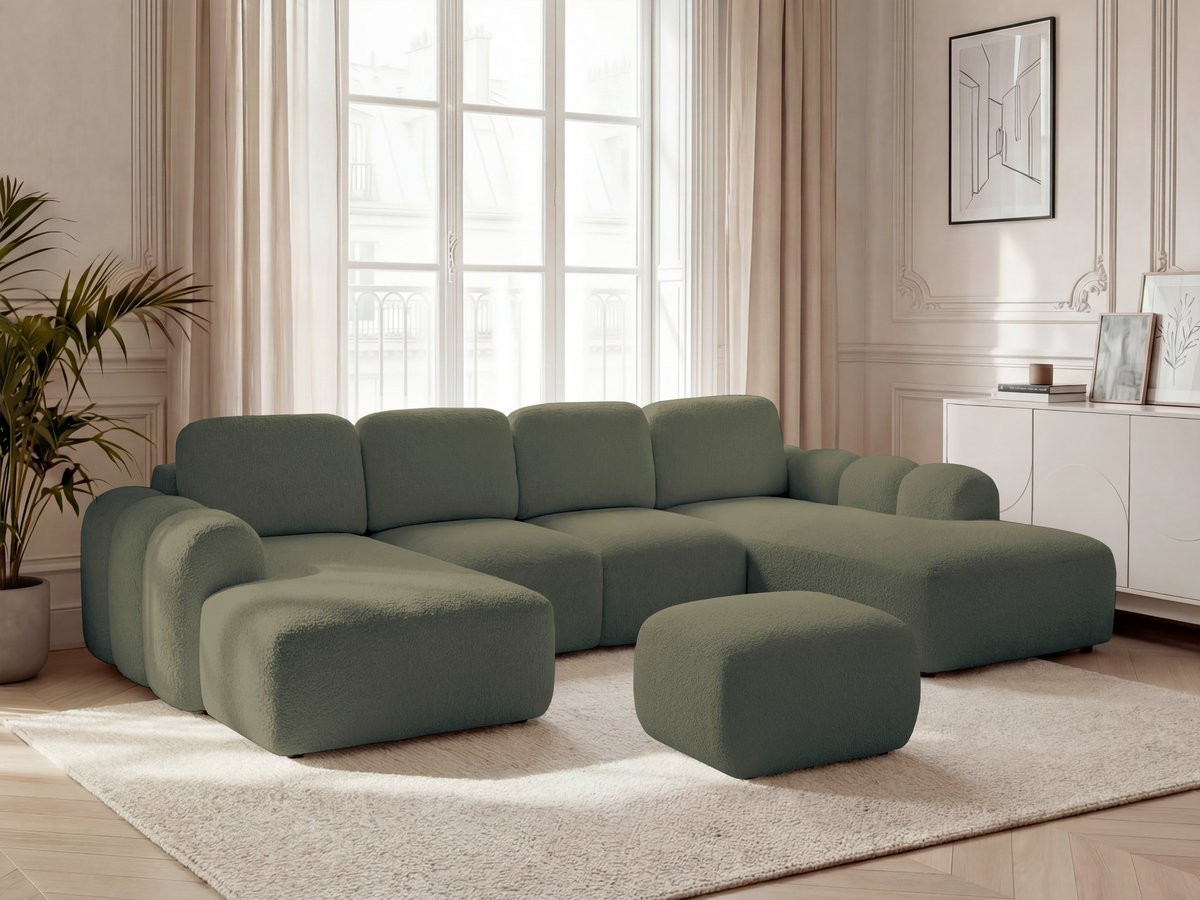 Canapé panoramique convertible coffre MONTAIGNE tissu bouclette avec pouf vert  angle gauche BOBOCHIC 5 places