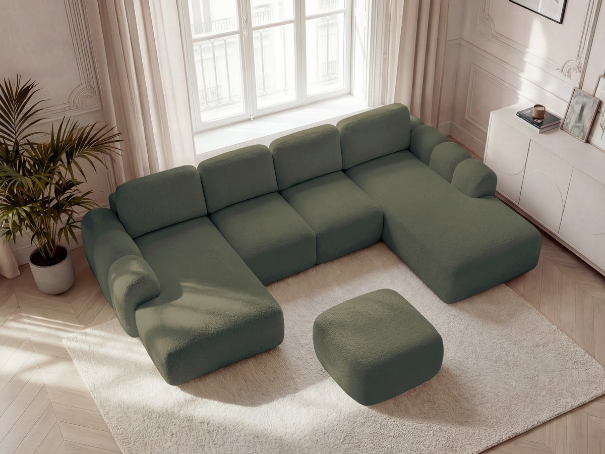 Canapé panoramique convertible coffre MONTAIGNE tissu bouclette avec pouf