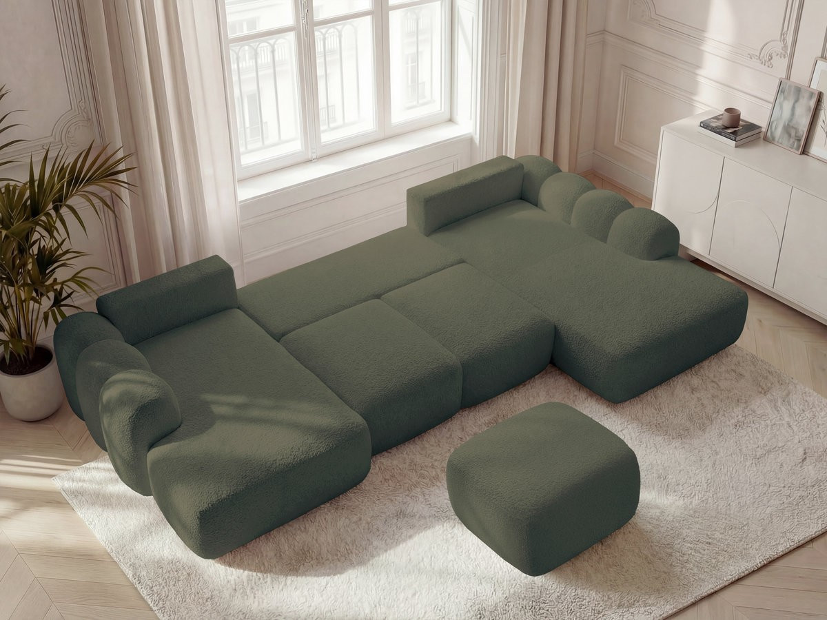 Canapé panoramique convertible coffre MONTAIGNE tissu bouclette avec pouf