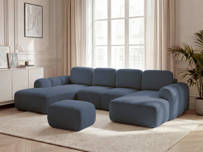 Canapé panoramique convertible coffre MONTAIGNE tissu bouclette avec pouf