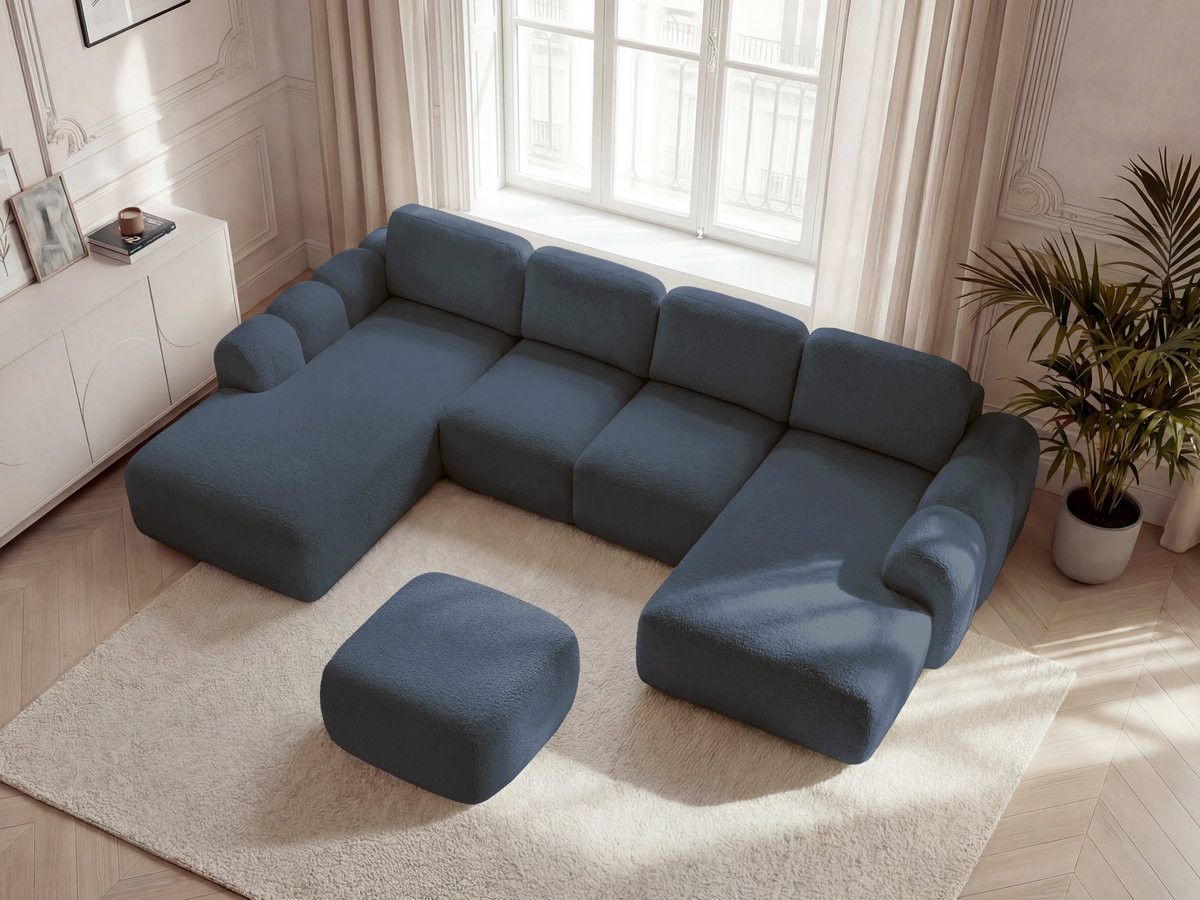 Canapé panoramique convertible coffre MONTAIGNE tissu bouclette avec pouf