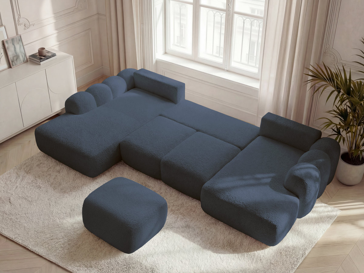 Canapé panoramique convertible coffre MONTAIGNE tissu bouclette avec pouf