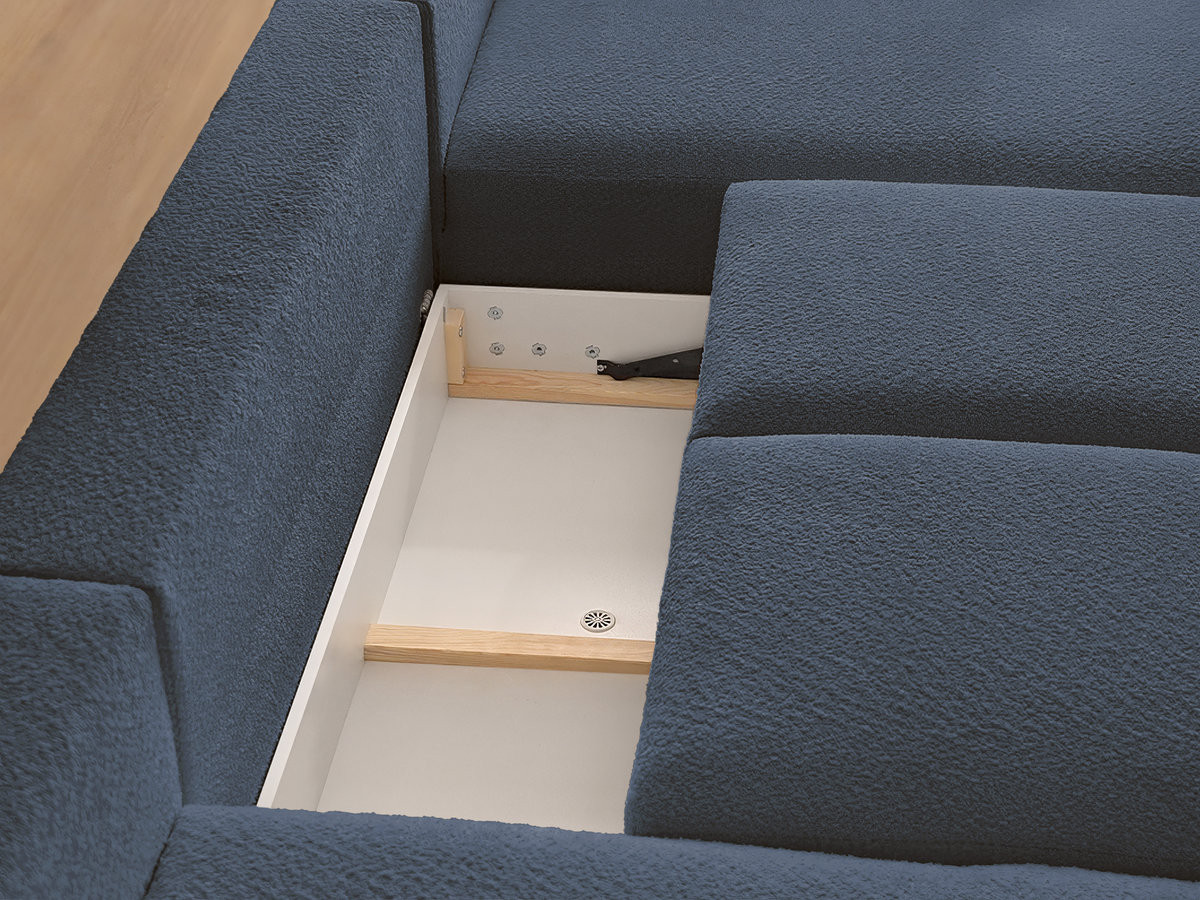 Canapé panoramique convertible coffre MONTAIGNE tissu bouclette avec pouf