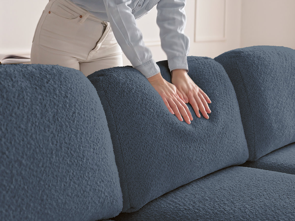 Canapé panoramique convertible coffre MONTAIGNE tissu bouclette avec pouf