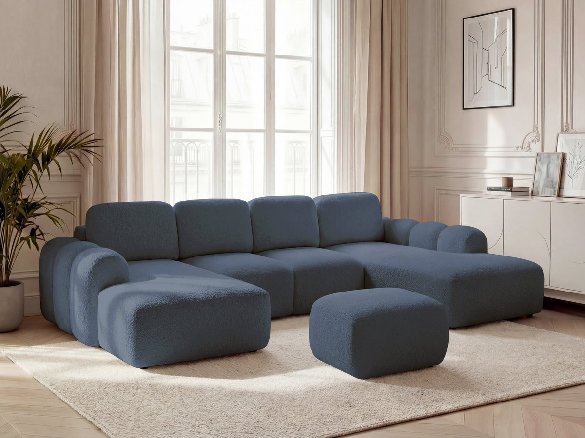 Canapé panoramique convertible coffre MONTAIGNE tissu bouclette avec pouf