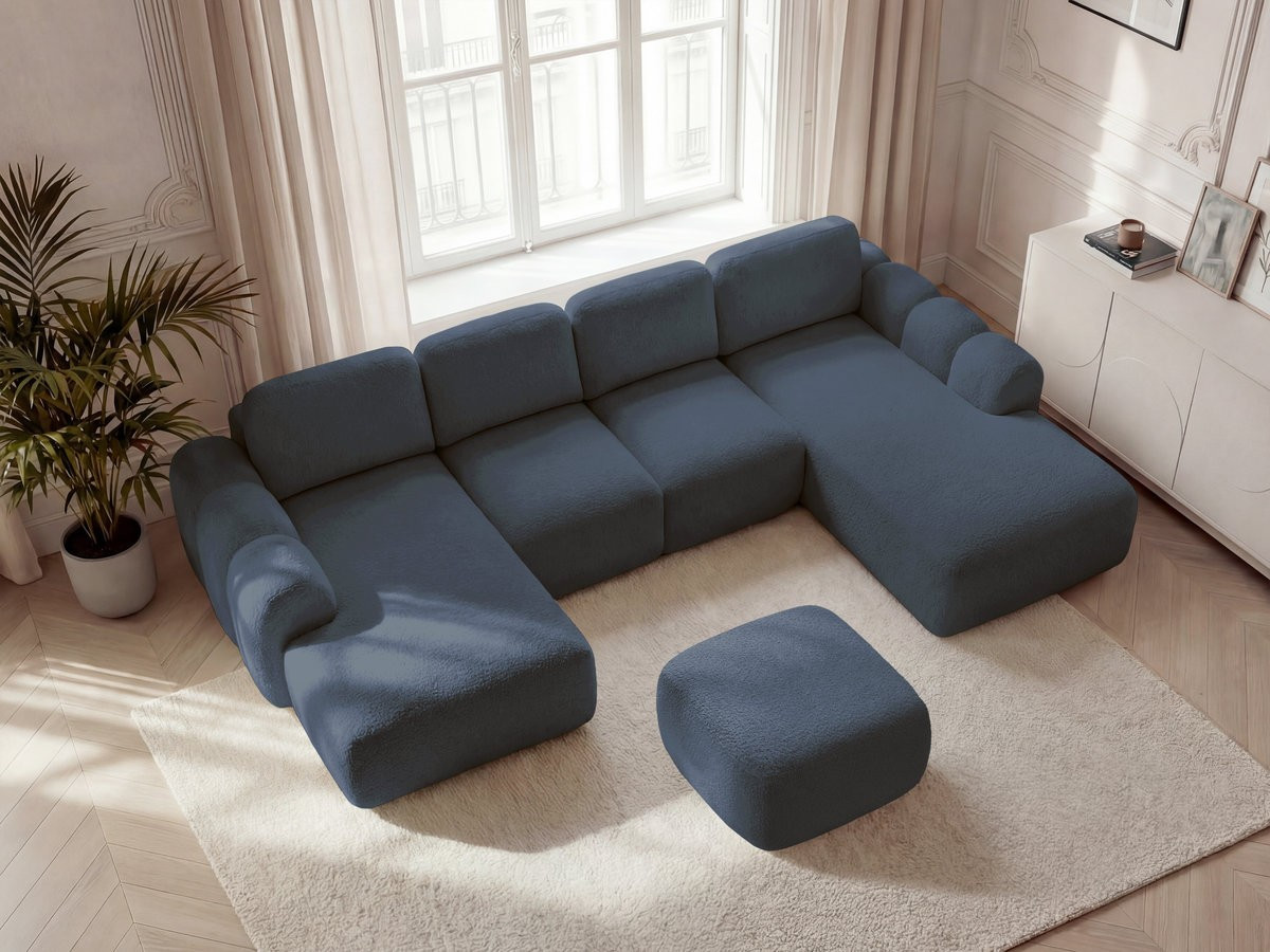 Canapé panoramique convertible coffre MONTAIGNE tissu bouclette avec pouf