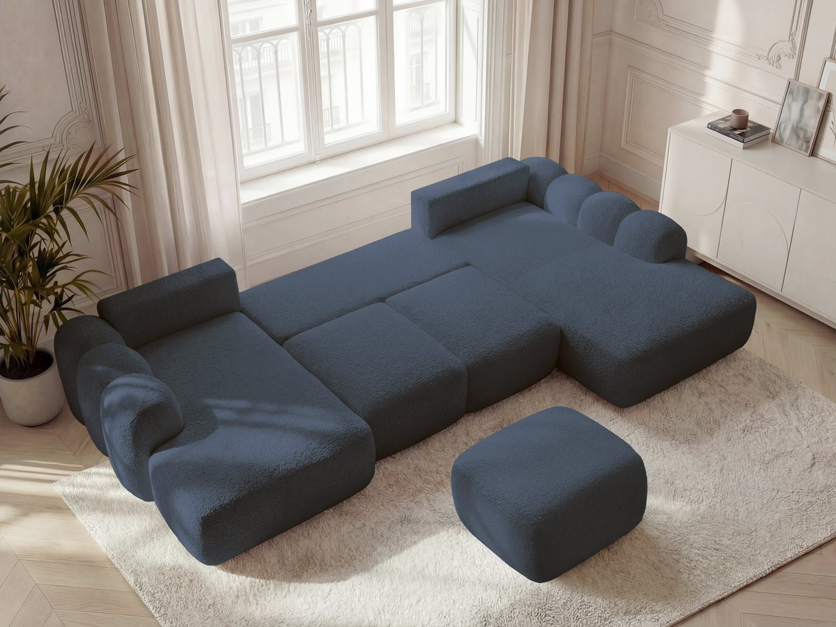 Canapé panoramique convertible coffre MONTAIGNE tissu bouclette avec pouf