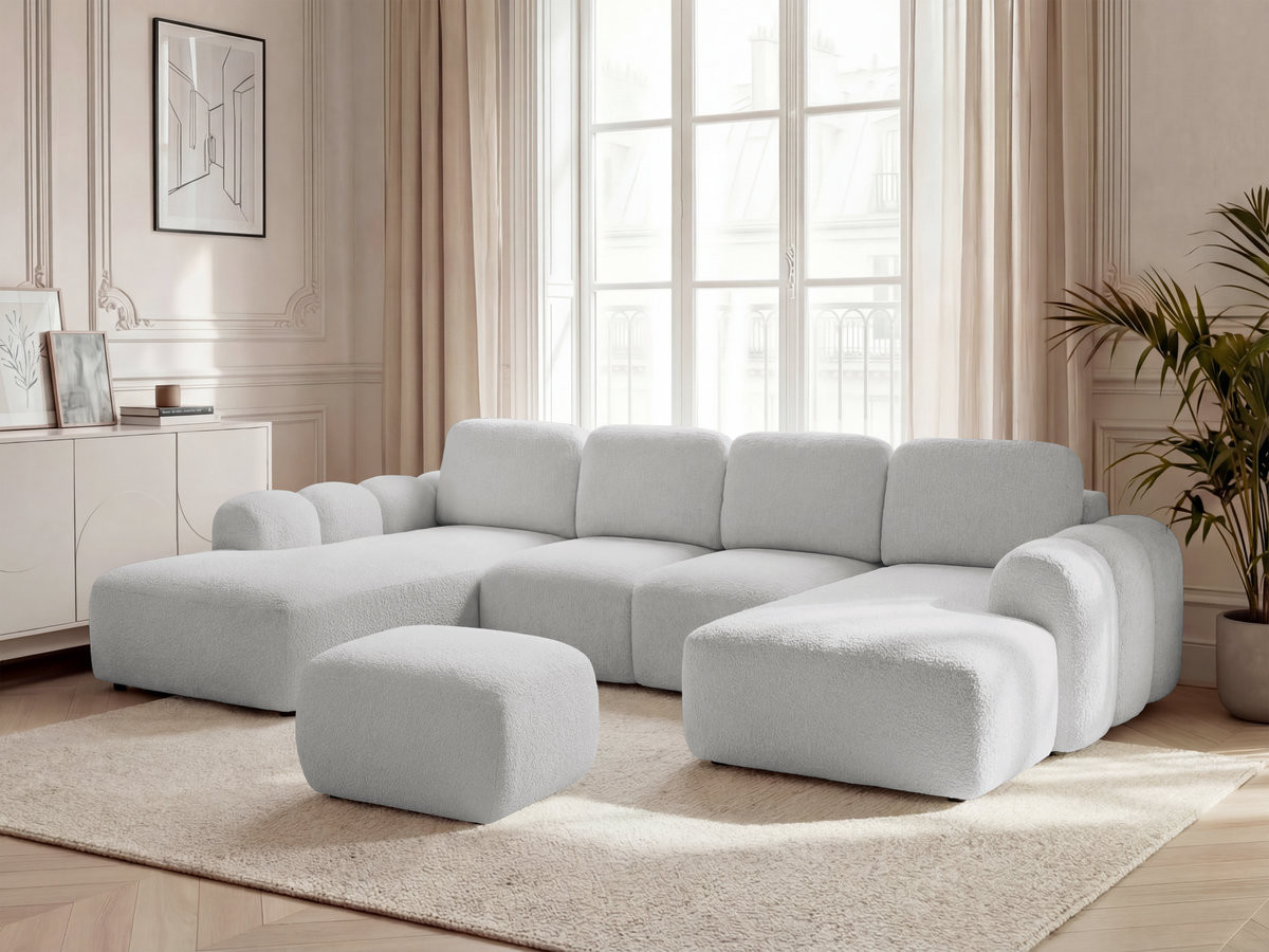 Canapé panoramique convertible coffre MONTAIGNE tissu bouclette avec pouf