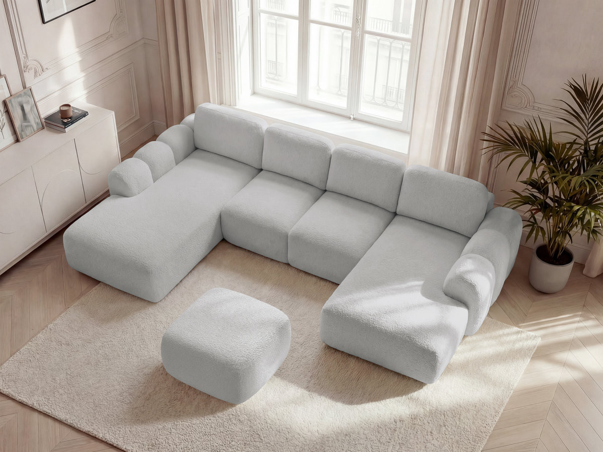 Canapé panoramique convertible coffre MONTAIGNE tissu bouclette avec pouf