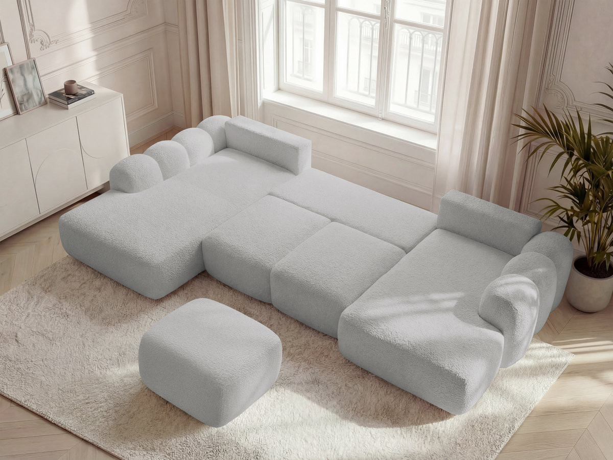 Canapé panoramique convertible coffre MONTAIGNE tissu bouclette avec pouf