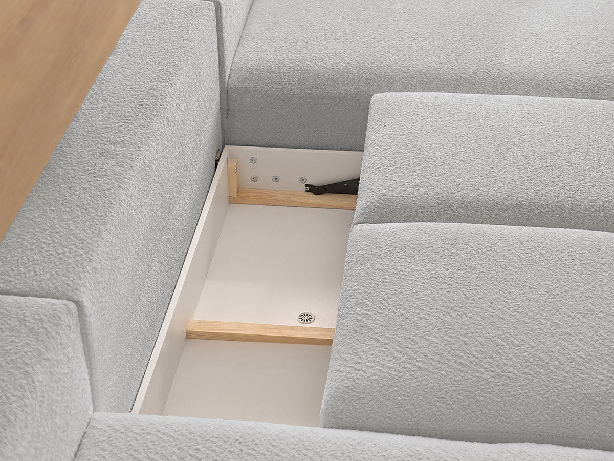 Canapé panoramique convertible coffre MONTAIGNE tissu bouclette avec pouf