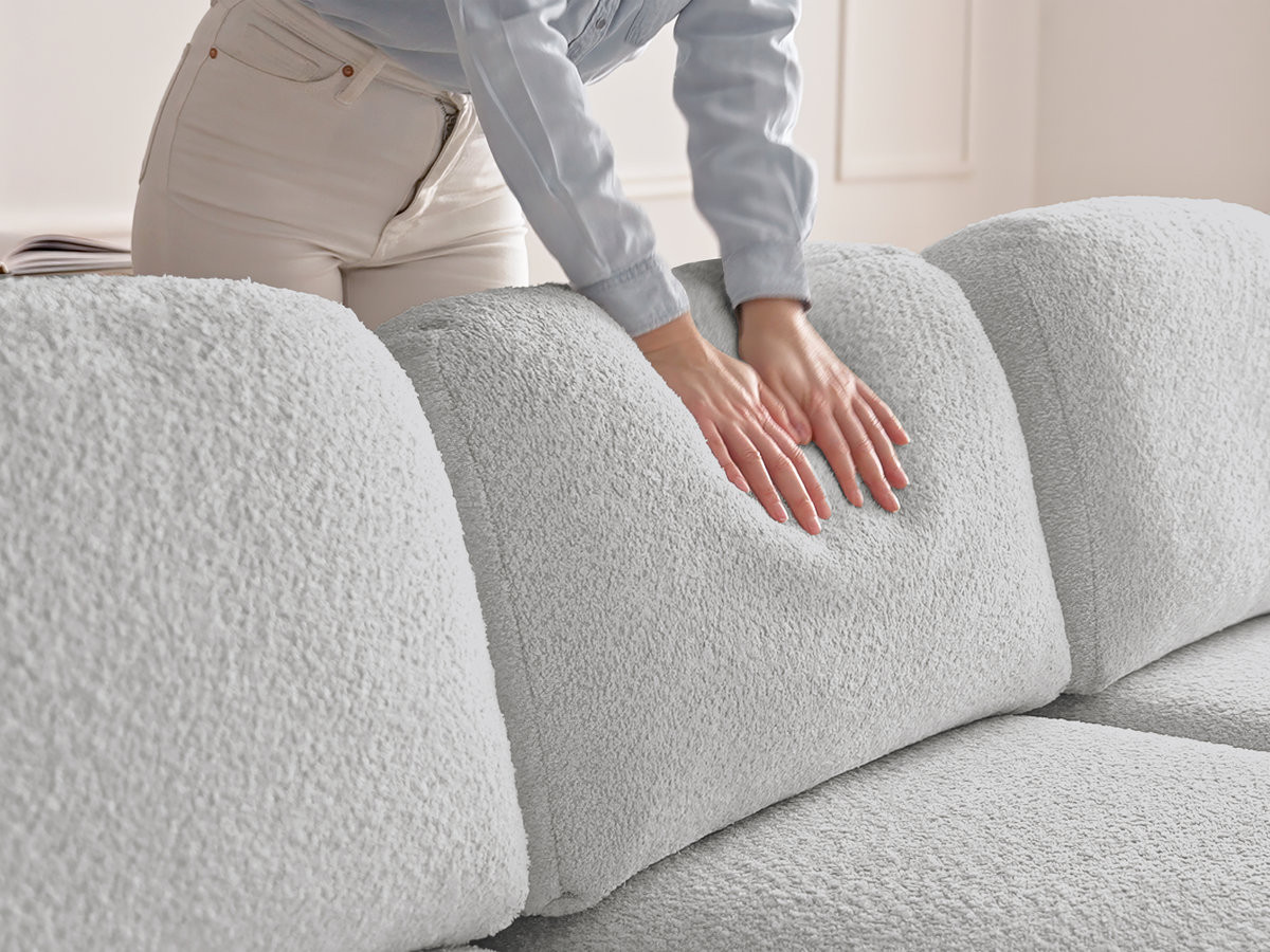 Canapé panoramique convertible coffre MONTAIGNE tissu bouclette avec pouf