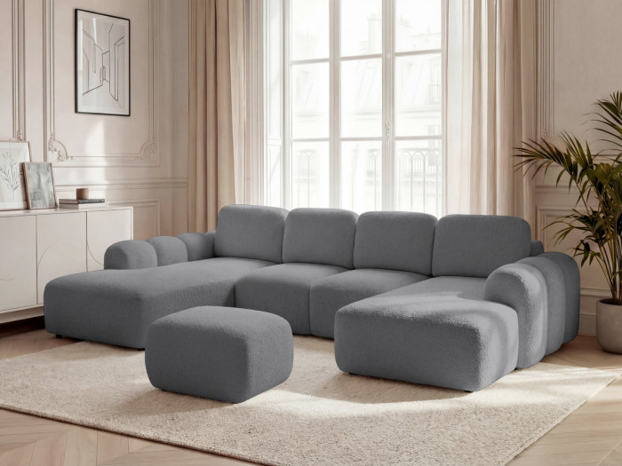 Canapé panoramique convertible MONTAIGNE tissu bouclette avec pouf