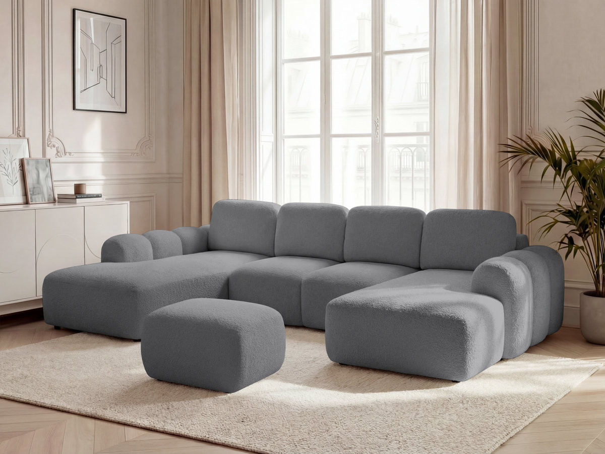 Canapé panoramique convertible coffre MONTAIGNE tissu bouclette avec pouf