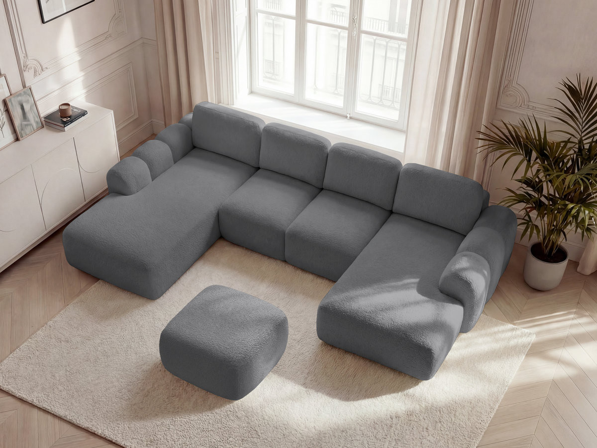 Canapé panoramique convertible coffre MONTAIGNE tissu bouclette avec pouf