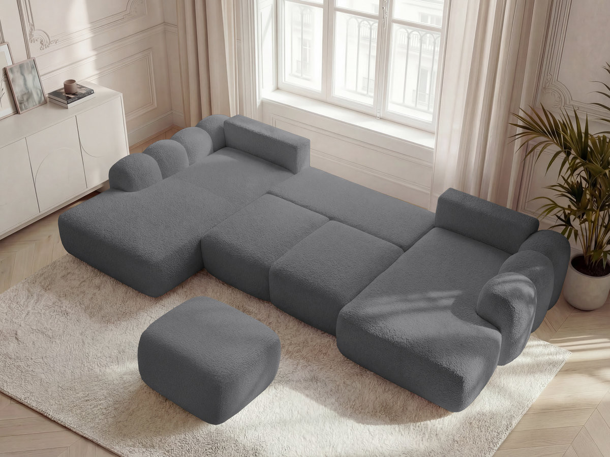 Canapé panoramique convertible coffre MONTAIGNE tissu bouclette avec pouf
