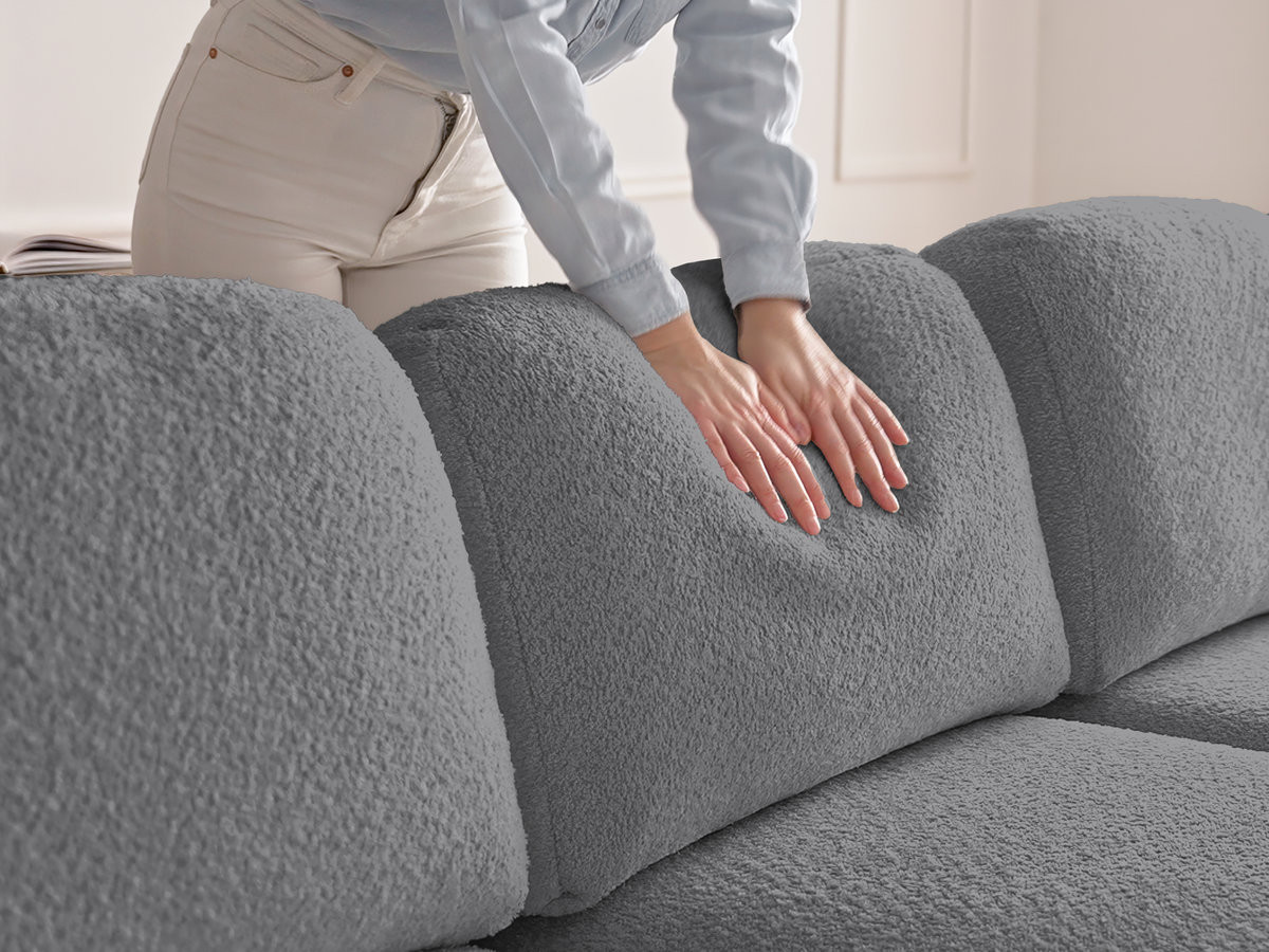 Canapé panoramique convertible coffre MONTAIGNE tissu bouclette avec pouf