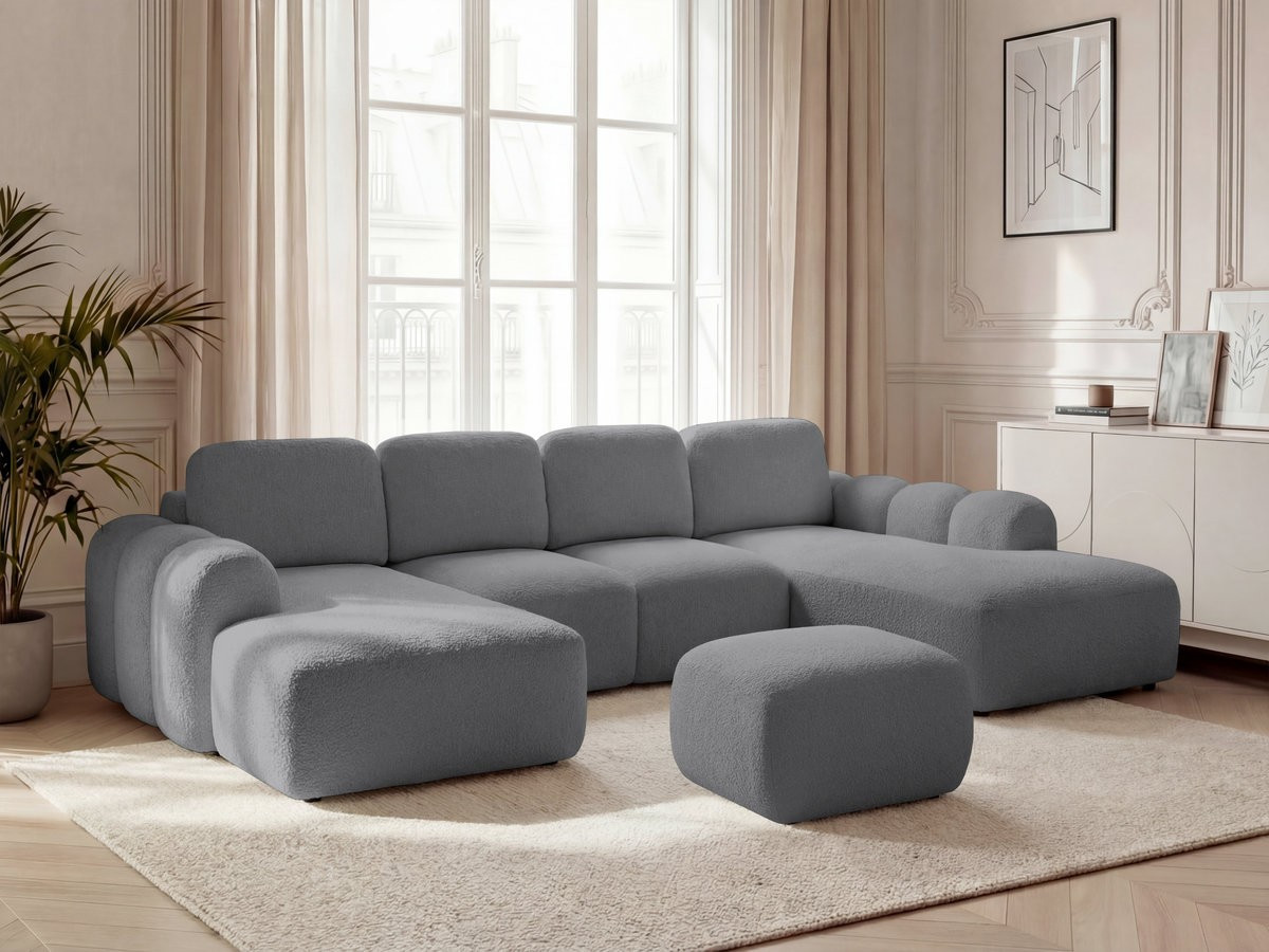 Canapé panoramique convertible coffre MONTAIGNE tissu bouclette avec pouf