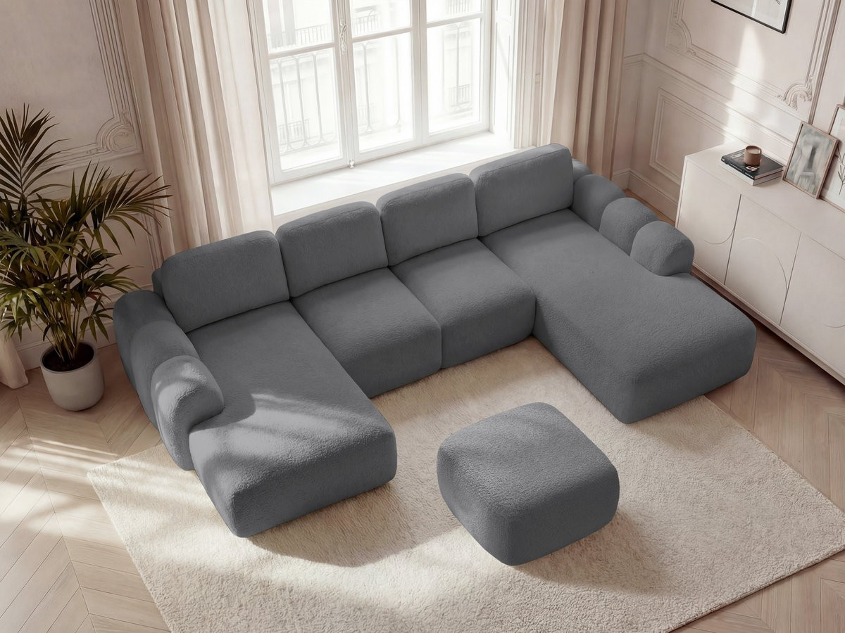 Canapé panoramique convertible coffre MONTAIGNE tissu bouclette avec pouf