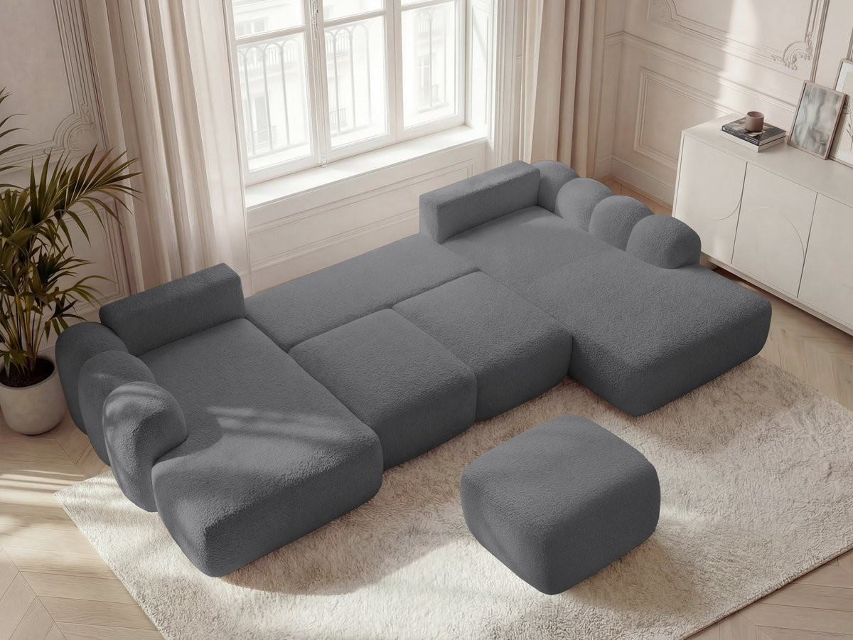 Canapé panoramique convertible coffre MONTAIGNE tissu bouclette avec pouf
