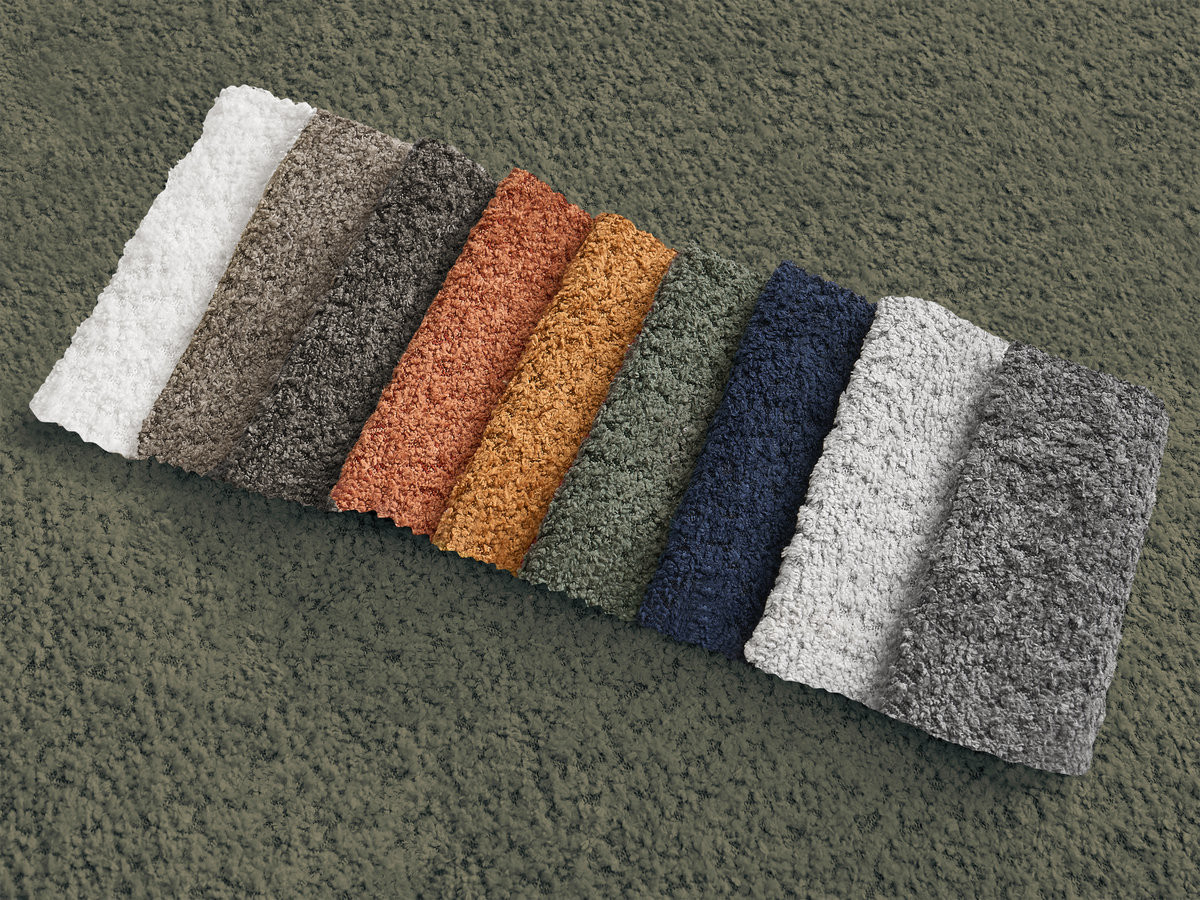 Canapé panoramique convertible coffre MONTAIGNE tissu bouclette avec pouf