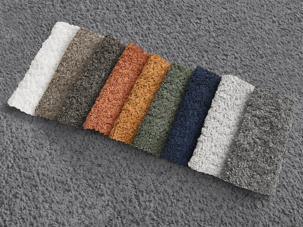 Canapé panoramique convertible coffre MONTAIGNE tissu bouclette avec pouf