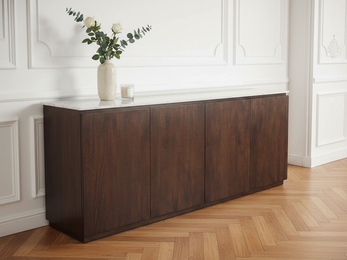 BARBARA dressoir met 4 deuren, 200 cm, massief mangohout en marmer