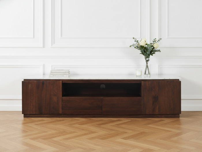 Meuble TV 4 portes 200 cm BARBARA bois massif de manguier et marbre