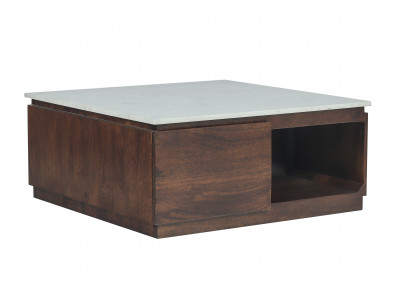 Table basse carrée 2 tiroirs 80 cm BARBARA bois massif de manguier et marbre