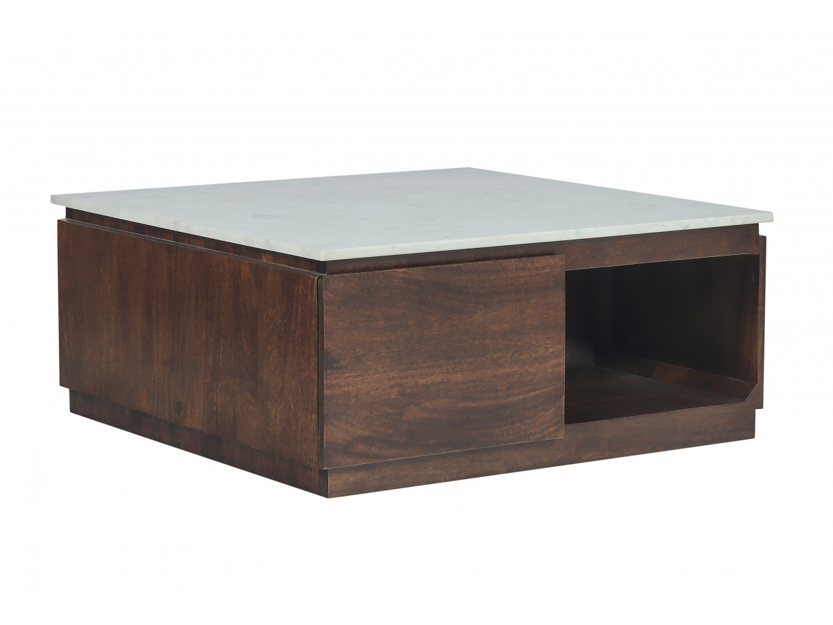 Vierkante salontafel met 2 lades, 80 cm, BARBARA, massief mangohout en marmer