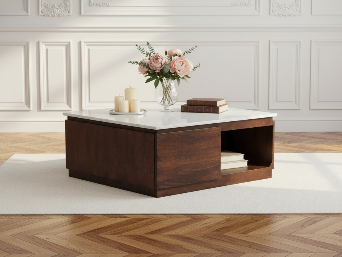 Vierkante salontafel met 2 lades, 80 cm, BARBARA, massief mangohout en marmer