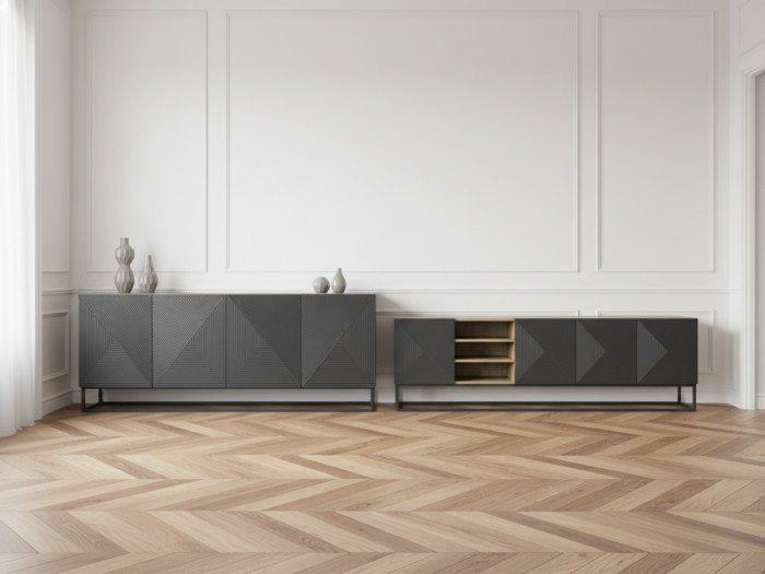 Ensemble ALICE avec Meuble TV avec niche 200 cm + Buffet 4 portes 200 cm pieds métal