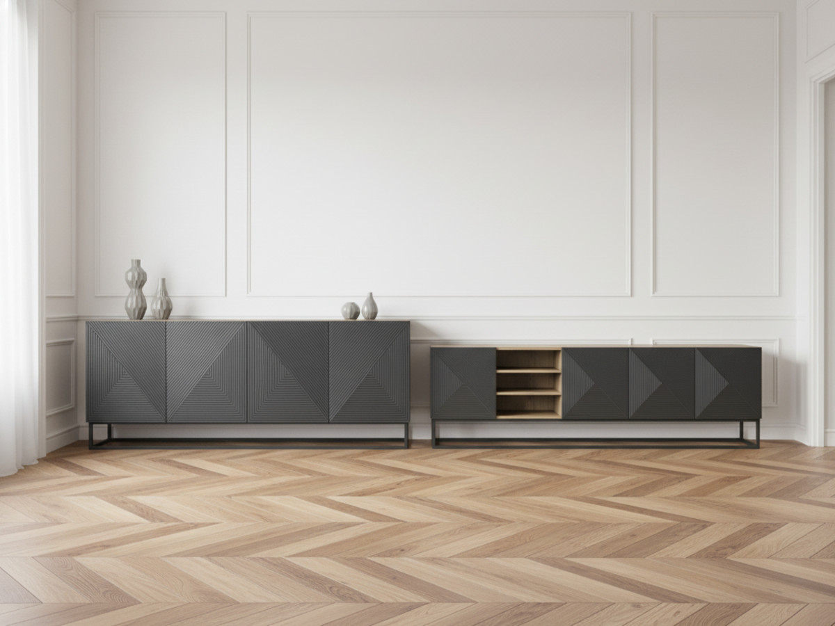 Ensemble ALICE avec Meuble TV avec niche 200 cm + Buffet 4 portes 200 cm pieds métal