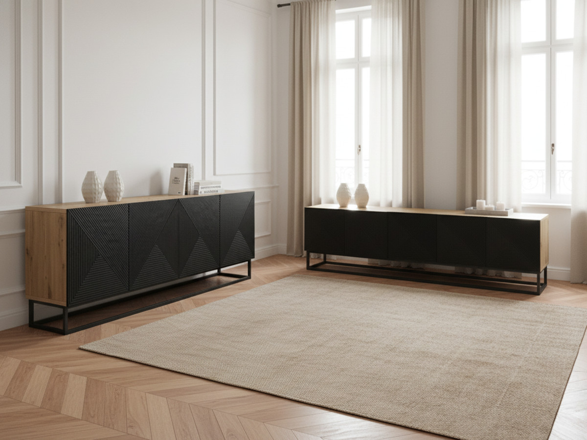 Ensemble ALICE avec Meuble TV 200 cm + Buffet 4 portes 200 cm pieds métal chêne et noir