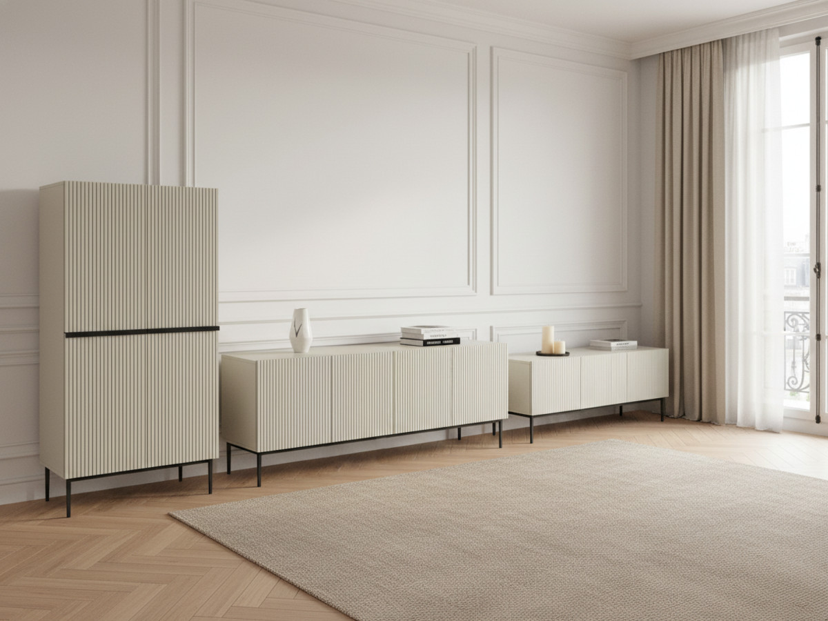 Ensemble KASHA avec Meuble TV 200 cm + Buffet 4 portes 200 cm + Buffet haut 2 portes 100 cm pieds noirs