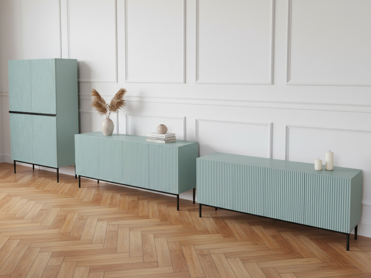 KASHA set met 200 cm tv-meubel + 200 cm 4-deurs dressoir + 100 cm 2-deurs hoog dressoir met zwarte poten