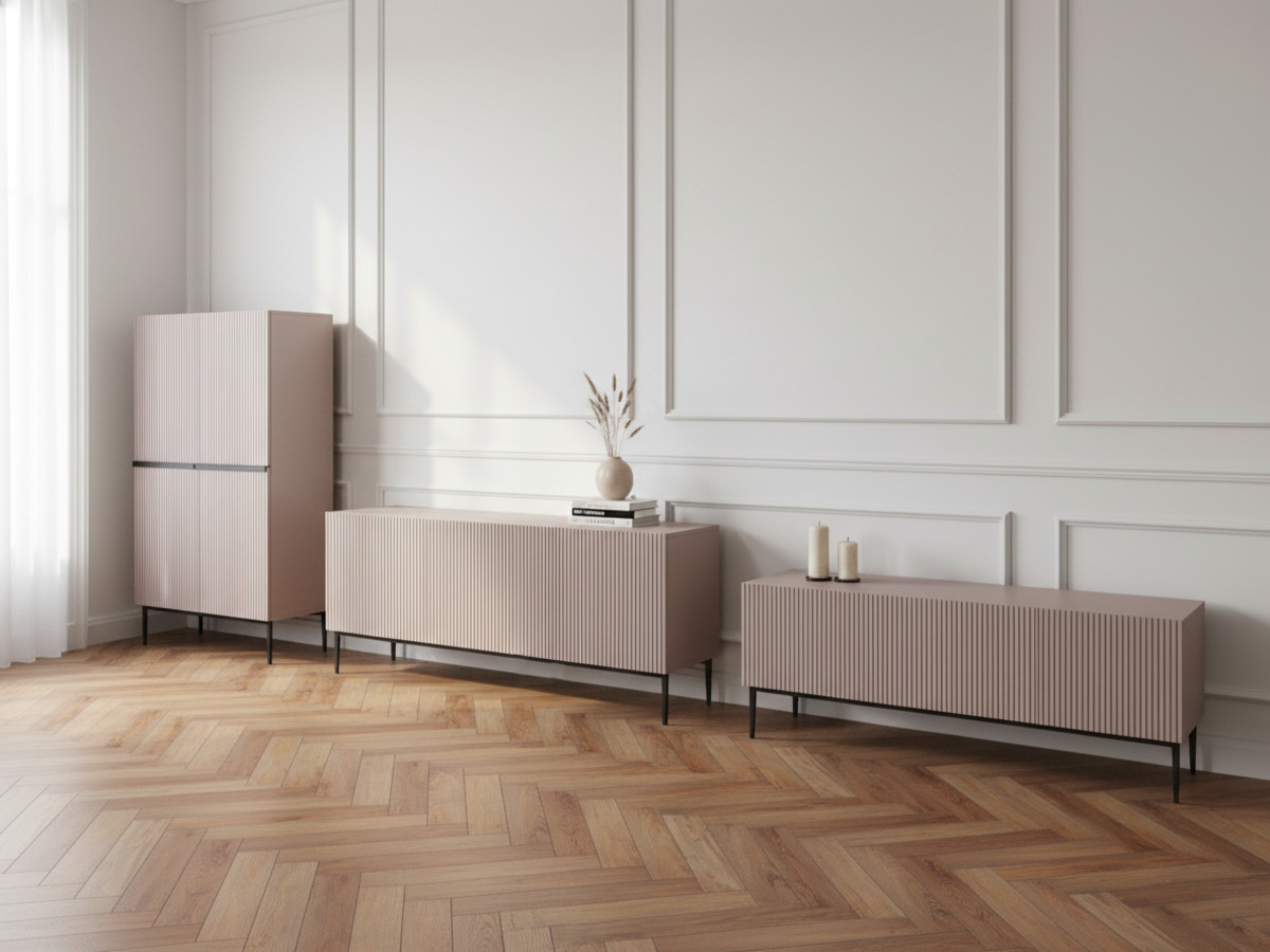 KASHA set met 200 cm tv-meubel + 200 cm 4-deurs dressoir + 100 cm 2-deurs hoog dressoir met zwarte poten