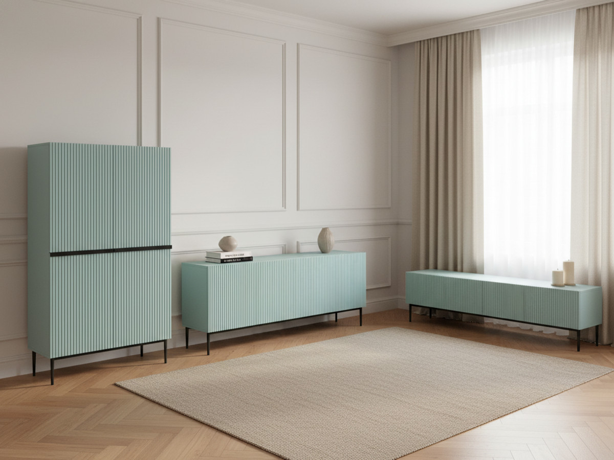 KASHA set met 200 cm tv-meubel + 200 cm 4-deurs dressoir + 100 cm 2-deurs hoog dressoir met zwarte poten