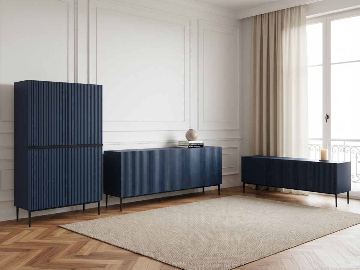 Ensemble KASHA avec Meuble TV 200 cm + Buffet 4 portes 200 cm + Buffet haut 2 portes 100 cm pieds noirs